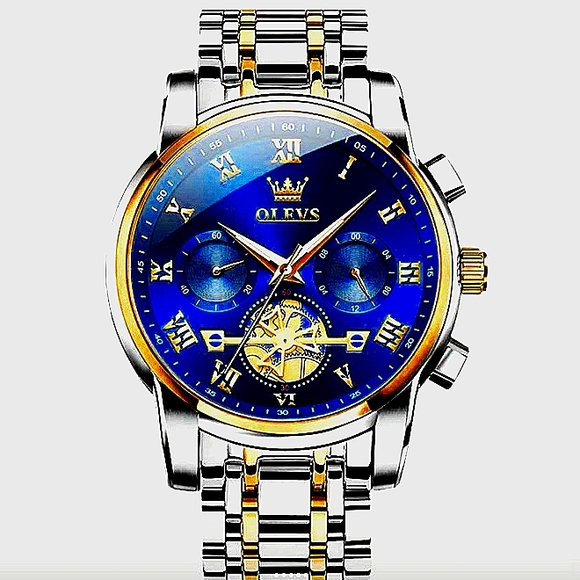 OLEVS Men Wristwatch Automatic Mechanical Stainless Steel Waterproof Blue Adults - Picture 1 of 3